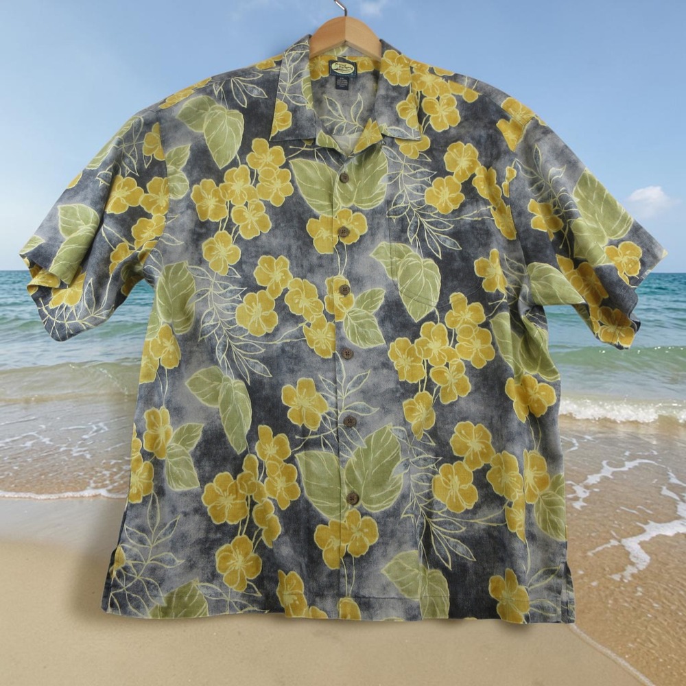 Tommy Bahama Hawaiian Shirt Mens XXL Grey Yellow Floral 100% Linen Camp Aloha
